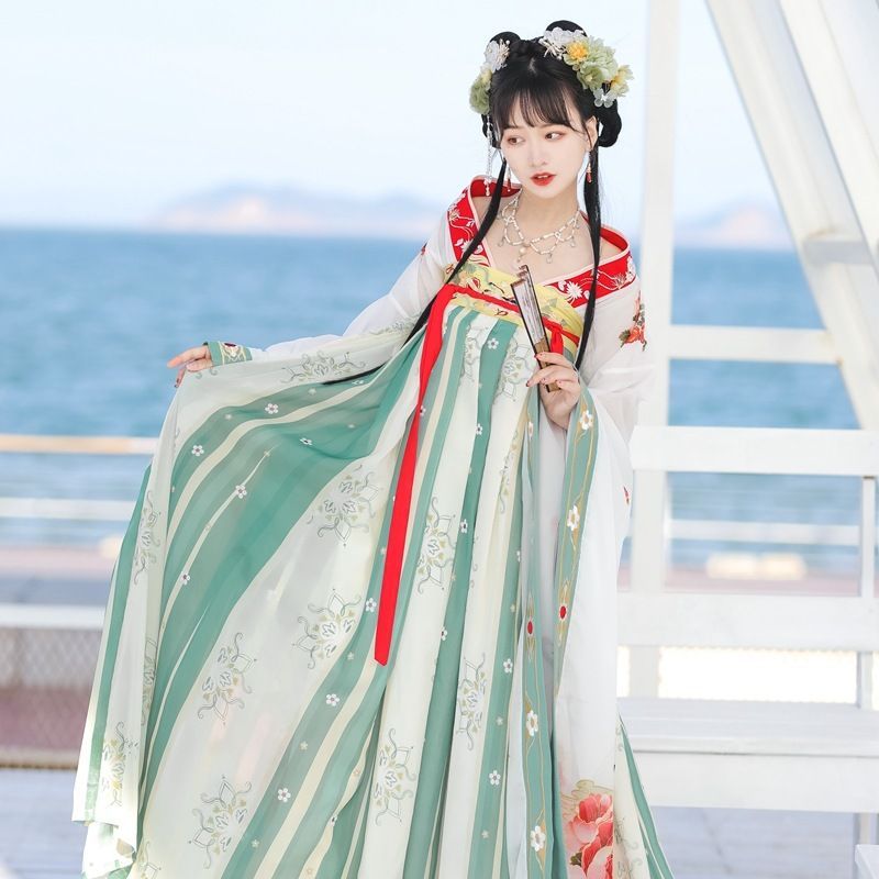 Francoix - Hanfu Set van 2: Geborduurde top met lange mouwen + Maxi-rok met print op de borst