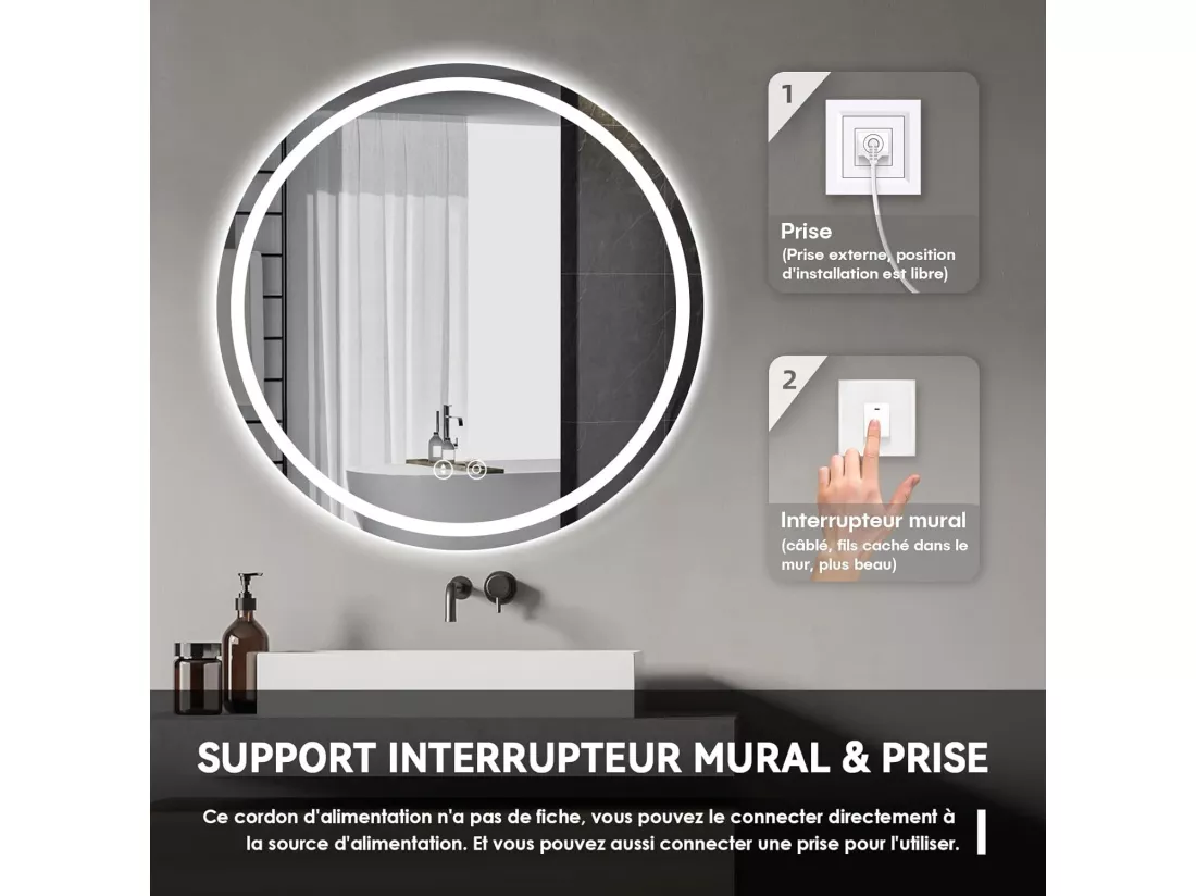 Miroir Rond Salle de Bain avec Eclairage LED, Miroir Maquillage Anti-buée, Miroir Mural 3 Couleurs Dimmable,50x50cm