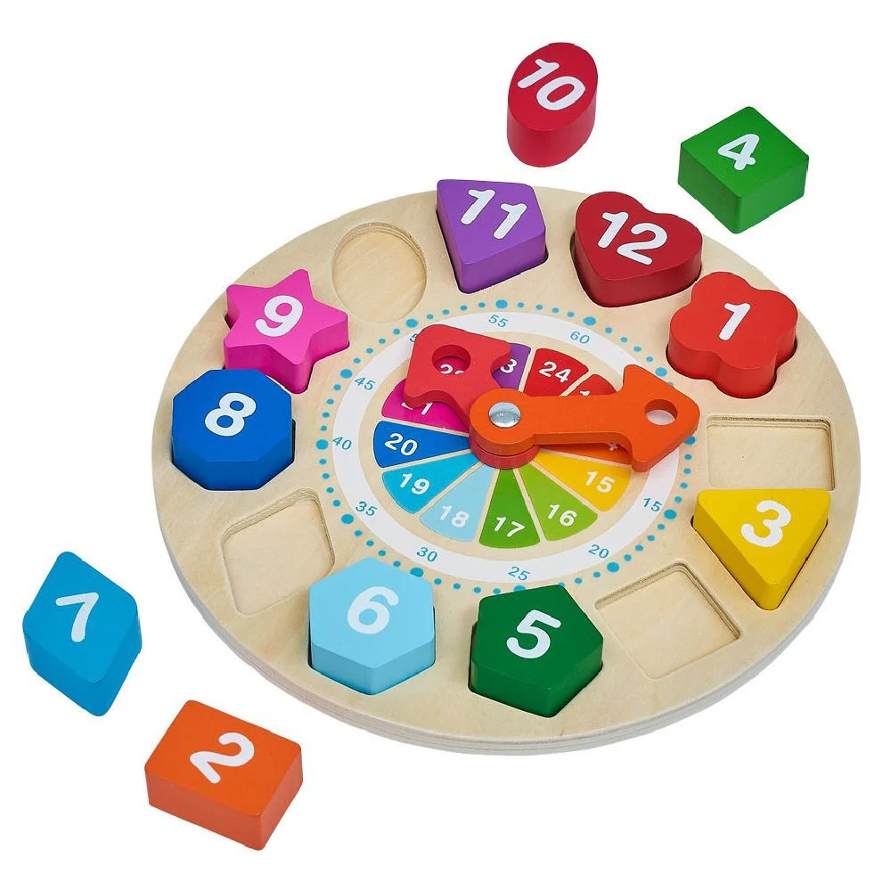 Horloge éducative avec formes à encastrer en bois