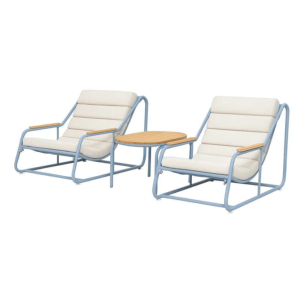 Ensemble de mobilier de jardin avec 2 chaises et une table ronde en métal et bois beige