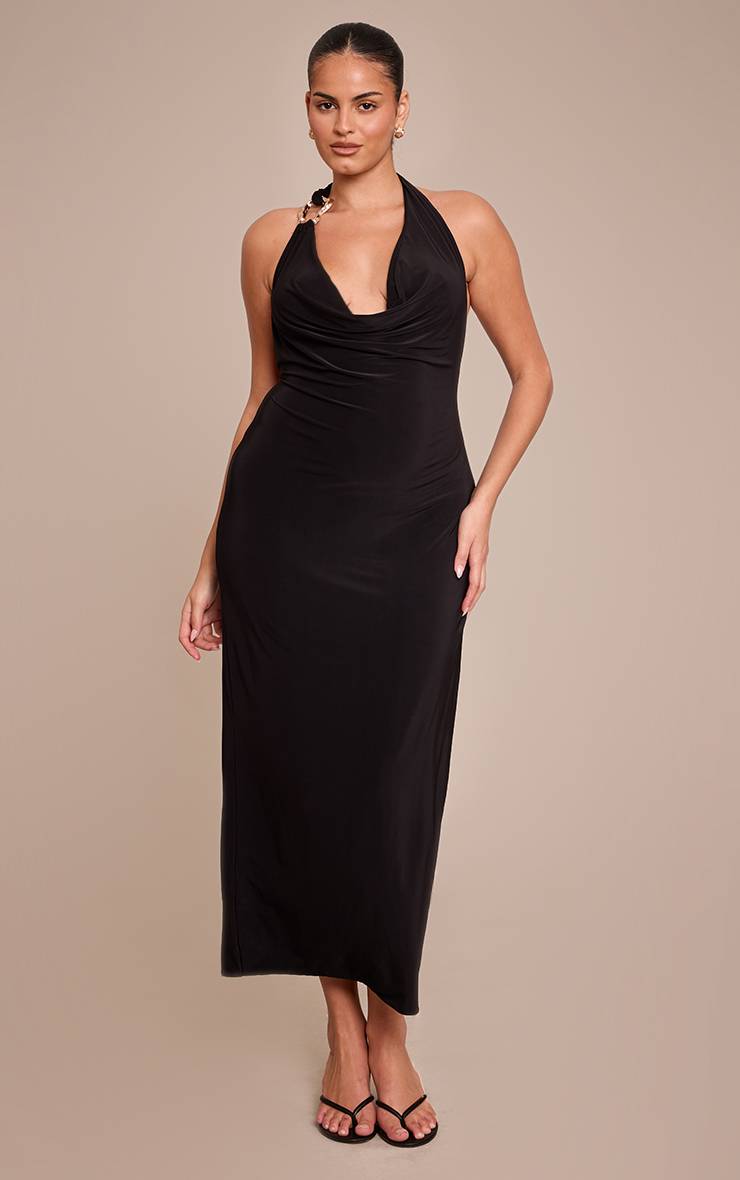 Noir Robe Maxi Grande Taille Col Licou En Tissu Slinky Avec Détail Boucle