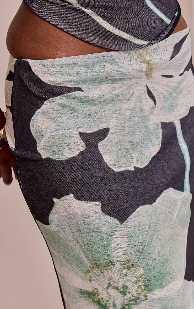 Noir Jupe Longue Taille Basse En Peau D'oignon Imprimé Plumes