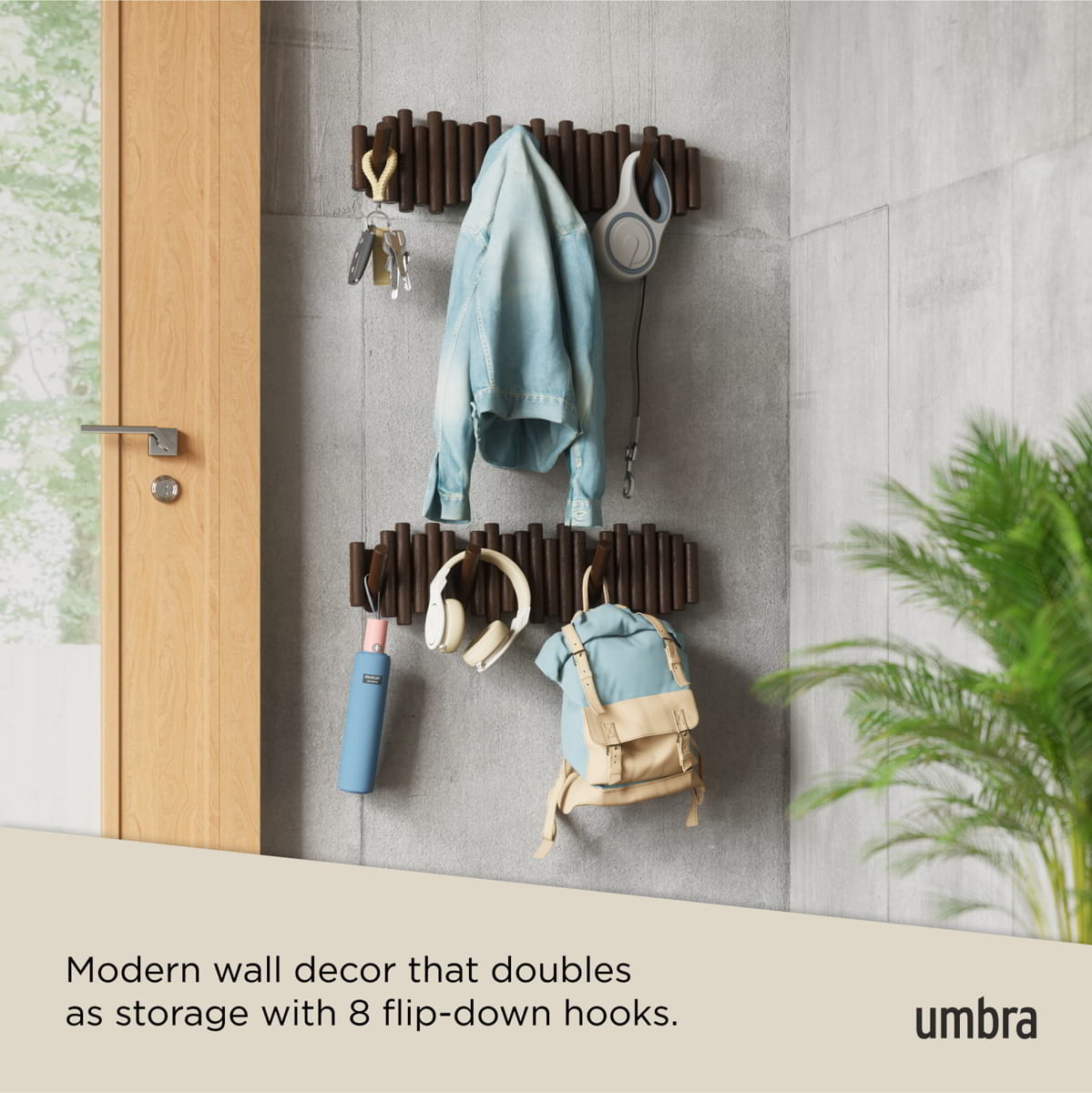 Wandkapstok Umbra Picket 8 haken Walnoot hout