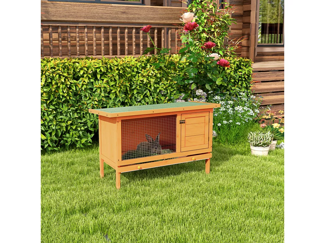 Clapier sur pieds cage à lapin plateau excrément coulissant porte verrouillable fenêtre grillagée toit lino vert bois de sapin lasuré