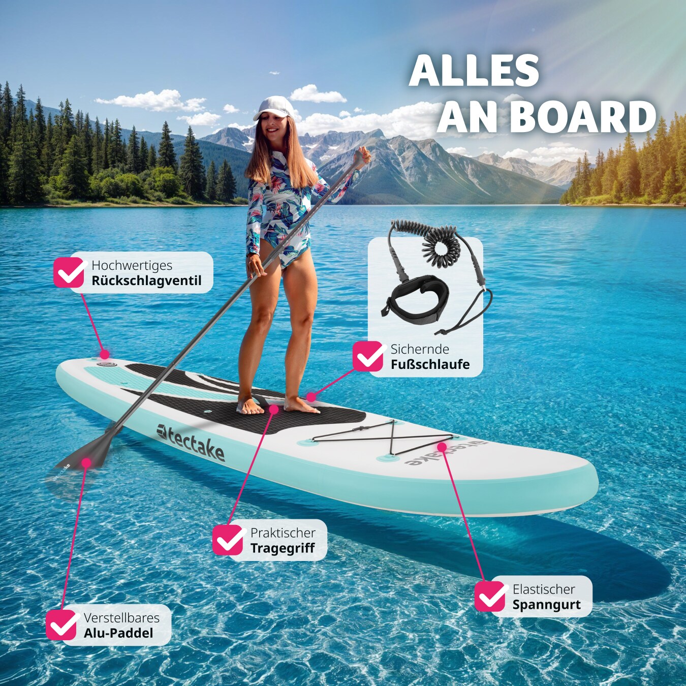 tectake® Stand-Up Paddle Board, 2in1, aus Drop-Stitch Material, Belastbarkeit 200 kg, 288 x 77 x 22,5 cm