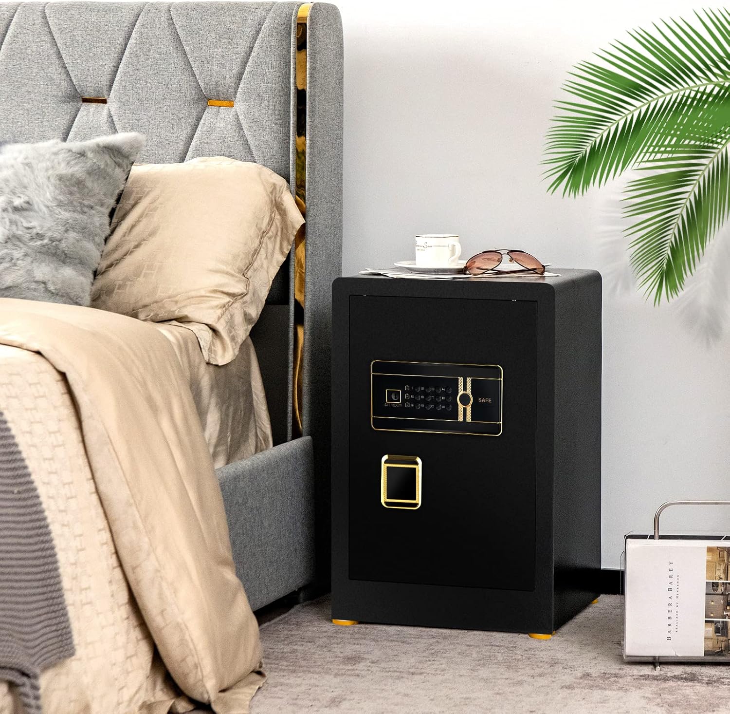 COSTWAY 42,5L Tresor feuerfest für Zuhause, Elektronik Safe mit integriertem Mini Tresor & Zufallszahlen-Tarnung & Alarmsystem, höhenverstellbar & abnehmbar Ablage, inkl. 2 Haupt- & 2 Notschlüssel