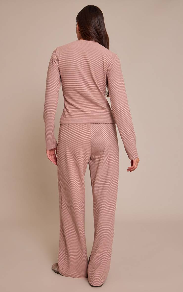 Rose Clair Pantalon Droit En Molleton Doux À Fines Rayures