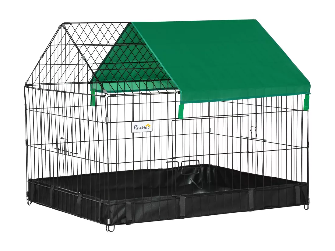 Cage parc enclos rongeurs dim. 90L x 75l x 75H cm - bâche de sol/toit imperméable, porte, trappe - acier oxford noir vert
