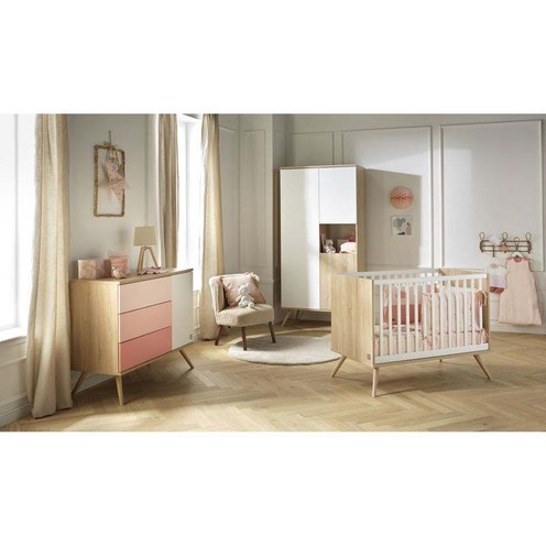 Chambre TRIO Lit 120x60 + Commode Rose + Armoire SEVENTIES - SAUTHON