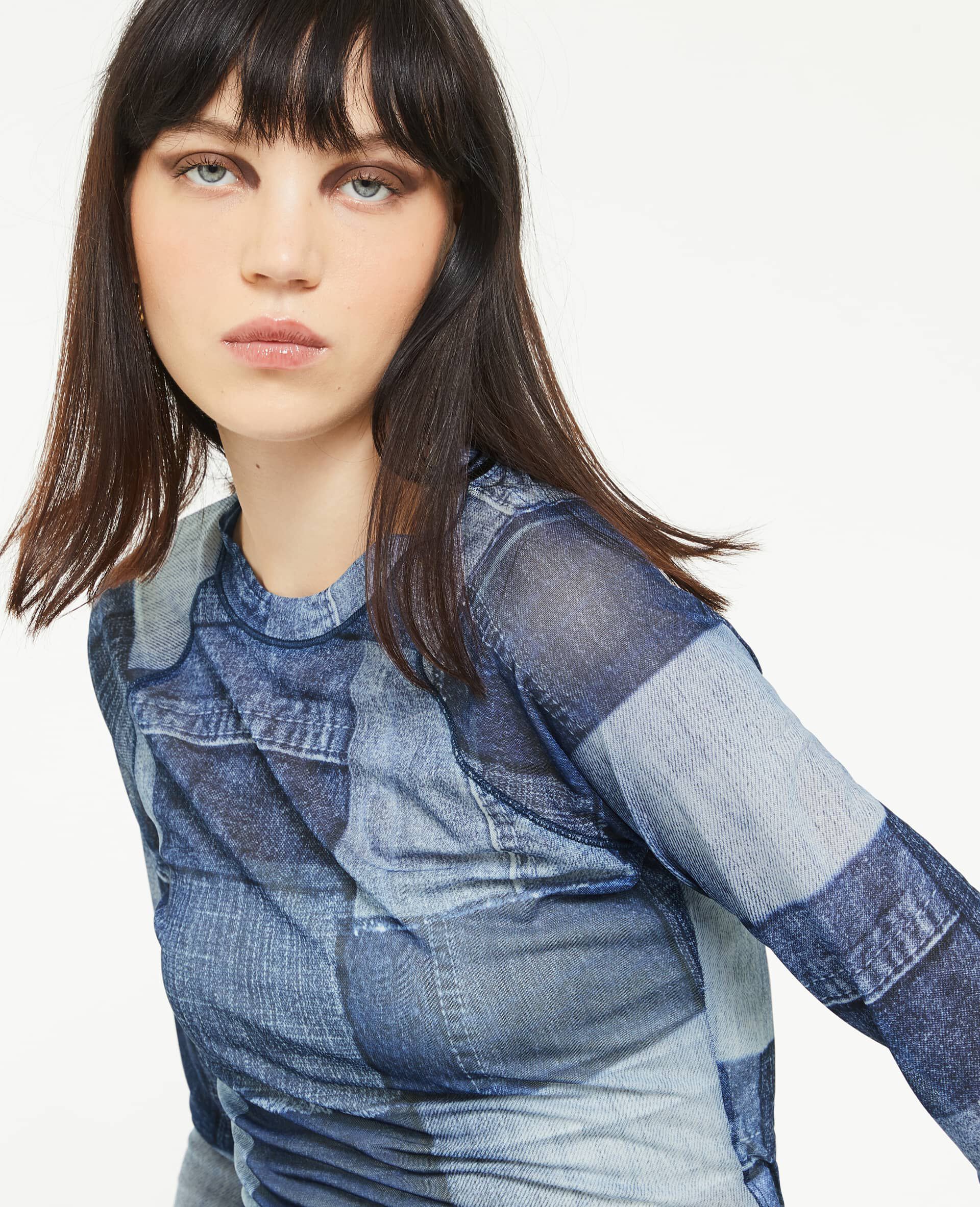 Top en tulle effet patchwork - Bleu
