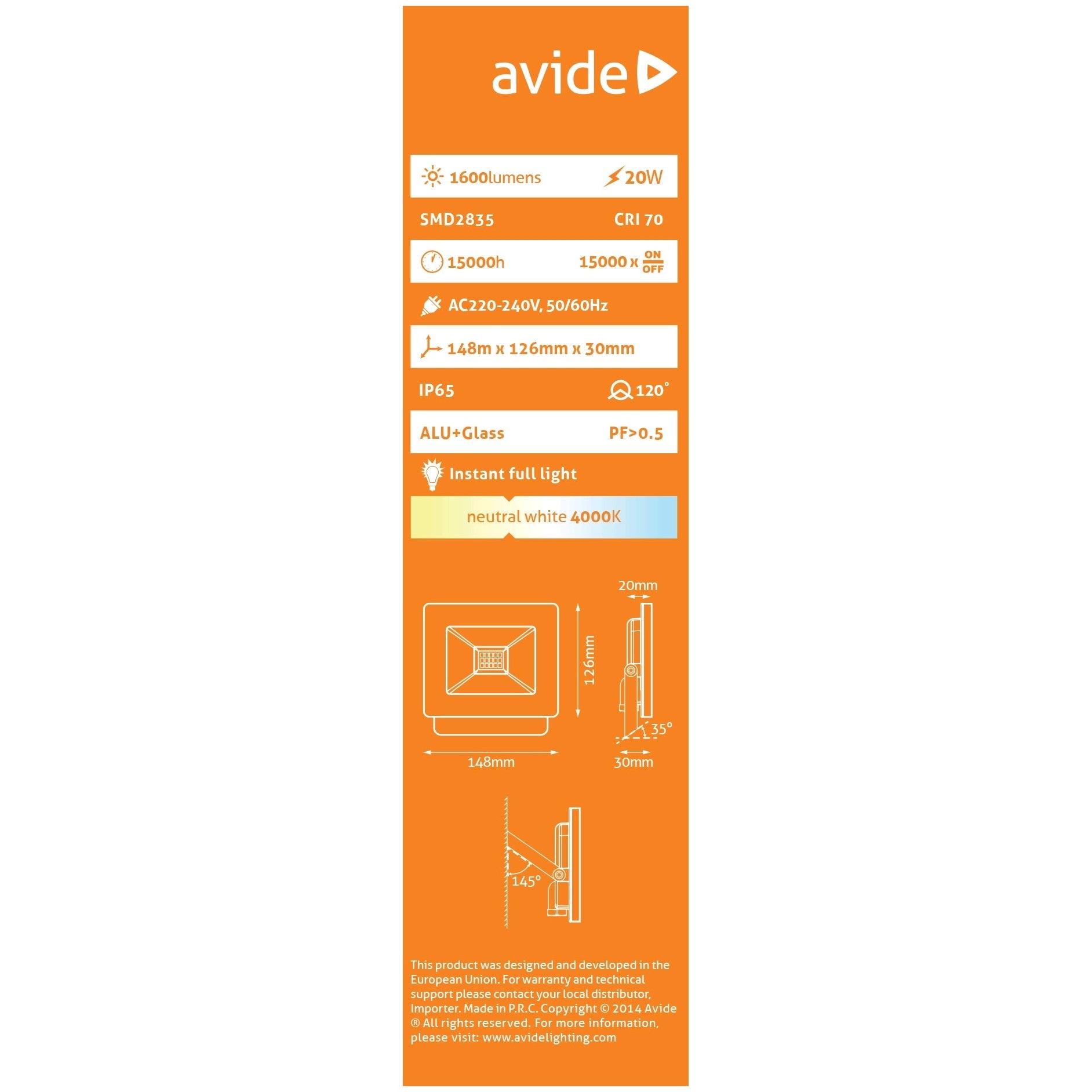 Avide LED Flood Light Slim SMD 20W NW