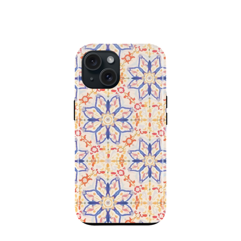 iPhone 15 Hybrid (Kunststoff / Gummi) Hülle Majolika-Aquarellblüte - Blau / Gelb / Rot