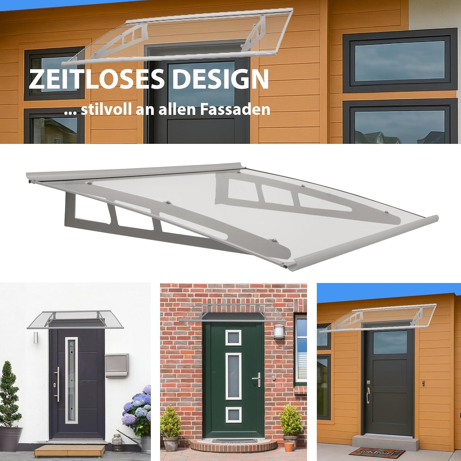 TRUTZHOLM Vordach für Haustür aus Aluminium und Polycarbonat 145 x 100 cm Haustürvordach Pultvordach Türdach Türvordach Haustür Dach