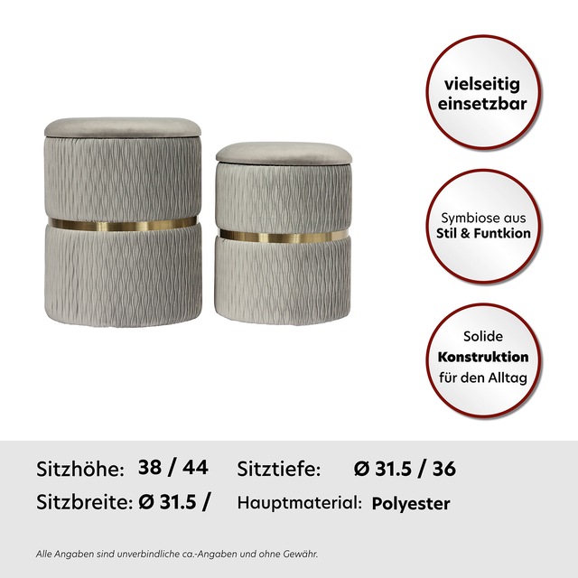 Kayoom Polsterhocker »Hocker Zora 425 2er-Set, Praktischer und versteckter Stauraum« Set, 2 Stk. tlg. 2er-Set mit Stauraum, ineinander stapelbar, goldener Ring