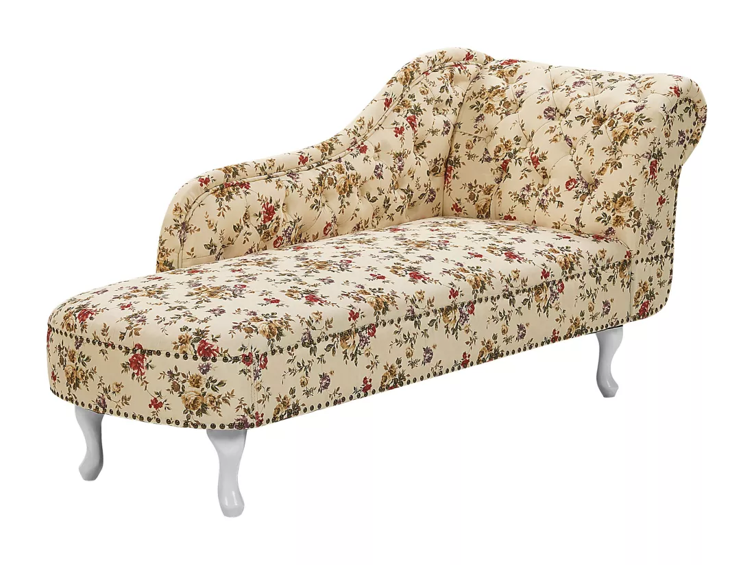 Chaise longue Chesterfield en tissu beige à motif floral côté droit NIMES