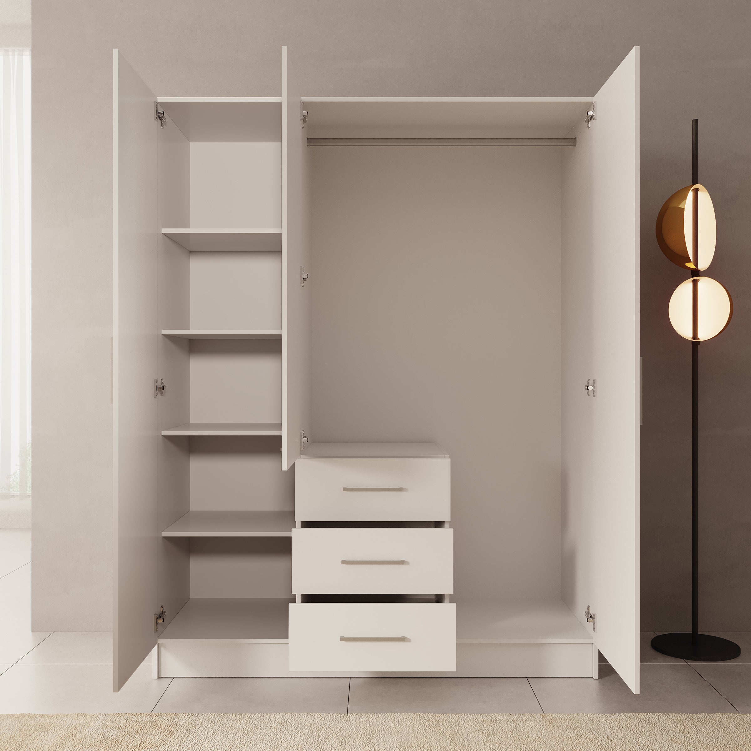 Meubella - Komodo - Kledingkast met 3 deuren - Wit - 150x61x201 cm