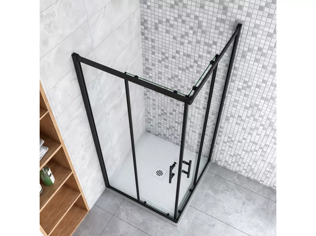 AICA Cabine de douche 90x90x200cm accès d'angle - Noir Mat , porte de douche coulissante, en 6mm verre anticalcaire, cabine de douche noire