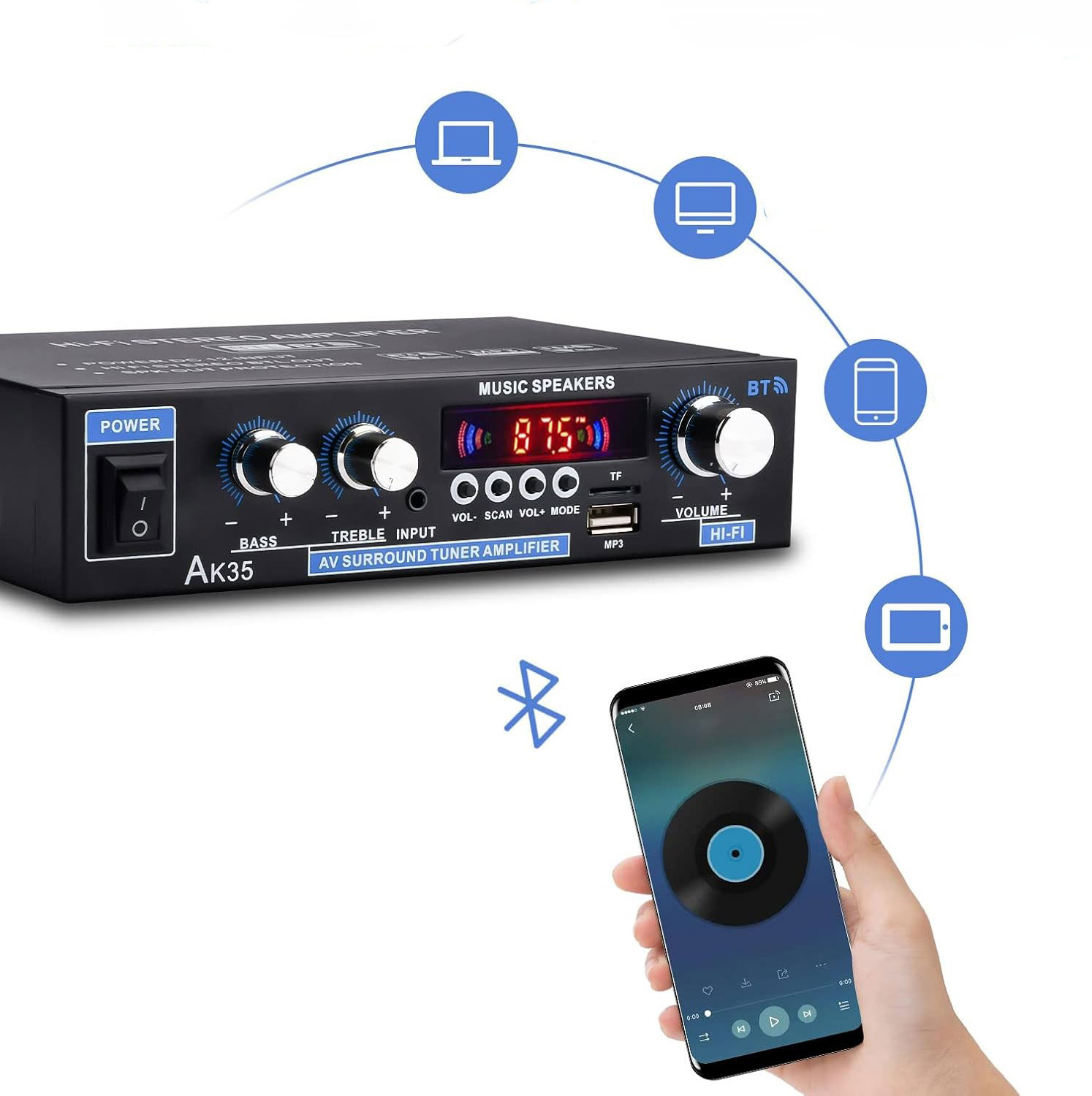 Digitaler HiFi Bluetooth Verstärker 2.0 Kanal mit MP3 / FM / USB / AUX / Fernbedienung für Zuhause oder Auto - Schwarz