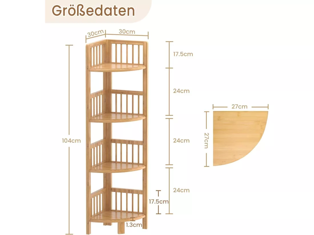 Etagère d'angle 4 niveaux en bambou,Étagère de Rangement pour Salon Salle de Bain Cuisine Balcon Couloir 104 x 30 x 30 cm - Naturel