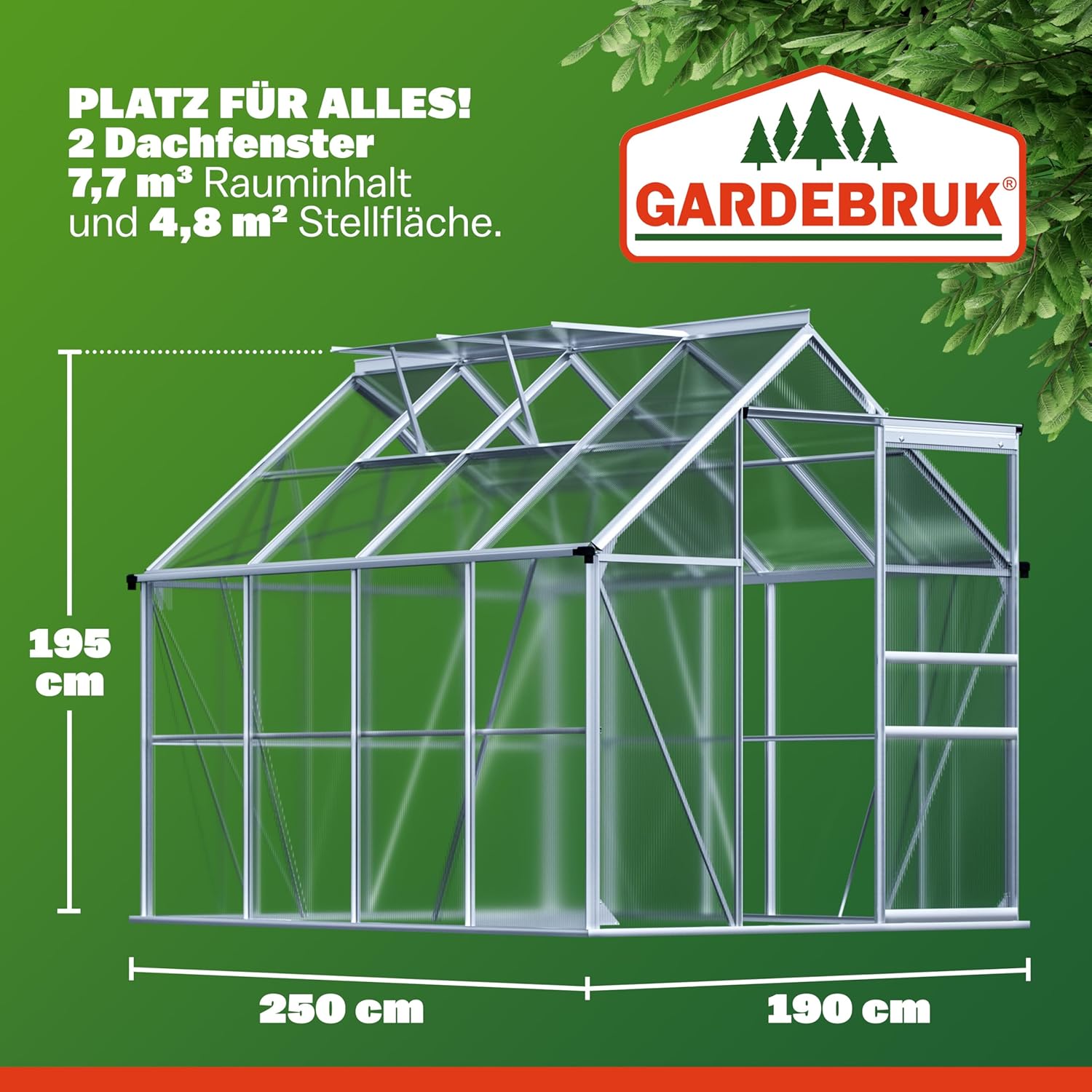 GARDEBRUK® Gewächshaus Aluminium 4,8m² 250x190cm inkl. 2 Dachfenster Tomatenhaus Treibhaus Anzuchthaus Garten Frühbeet Pflanzenhaus Aufzucht 7,63m³