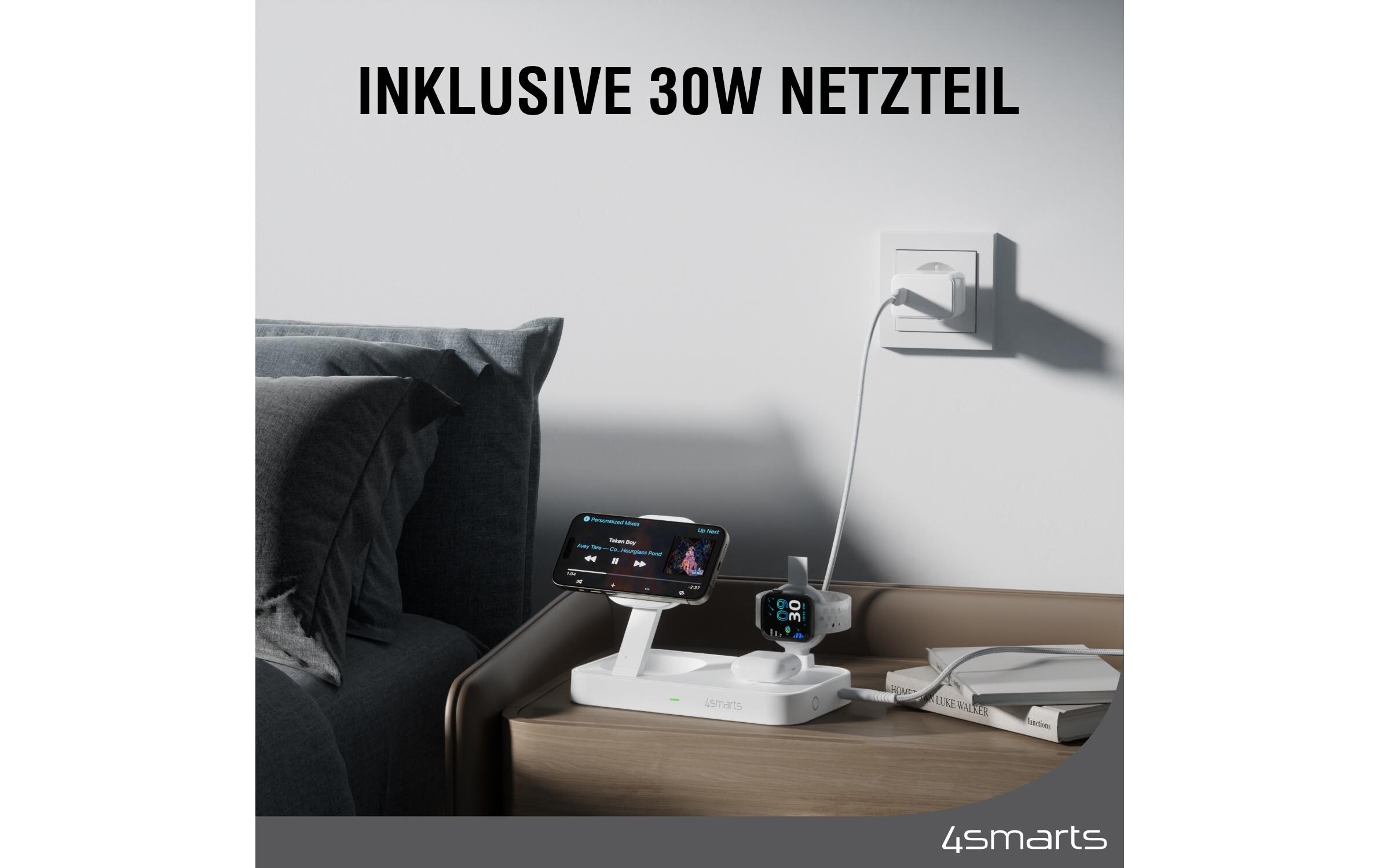 Wireless Charger Qi2 Weiss3-in-1 MagSafe-Ladestation mit inkludiertem Ladegerät und Apple Watch Charger