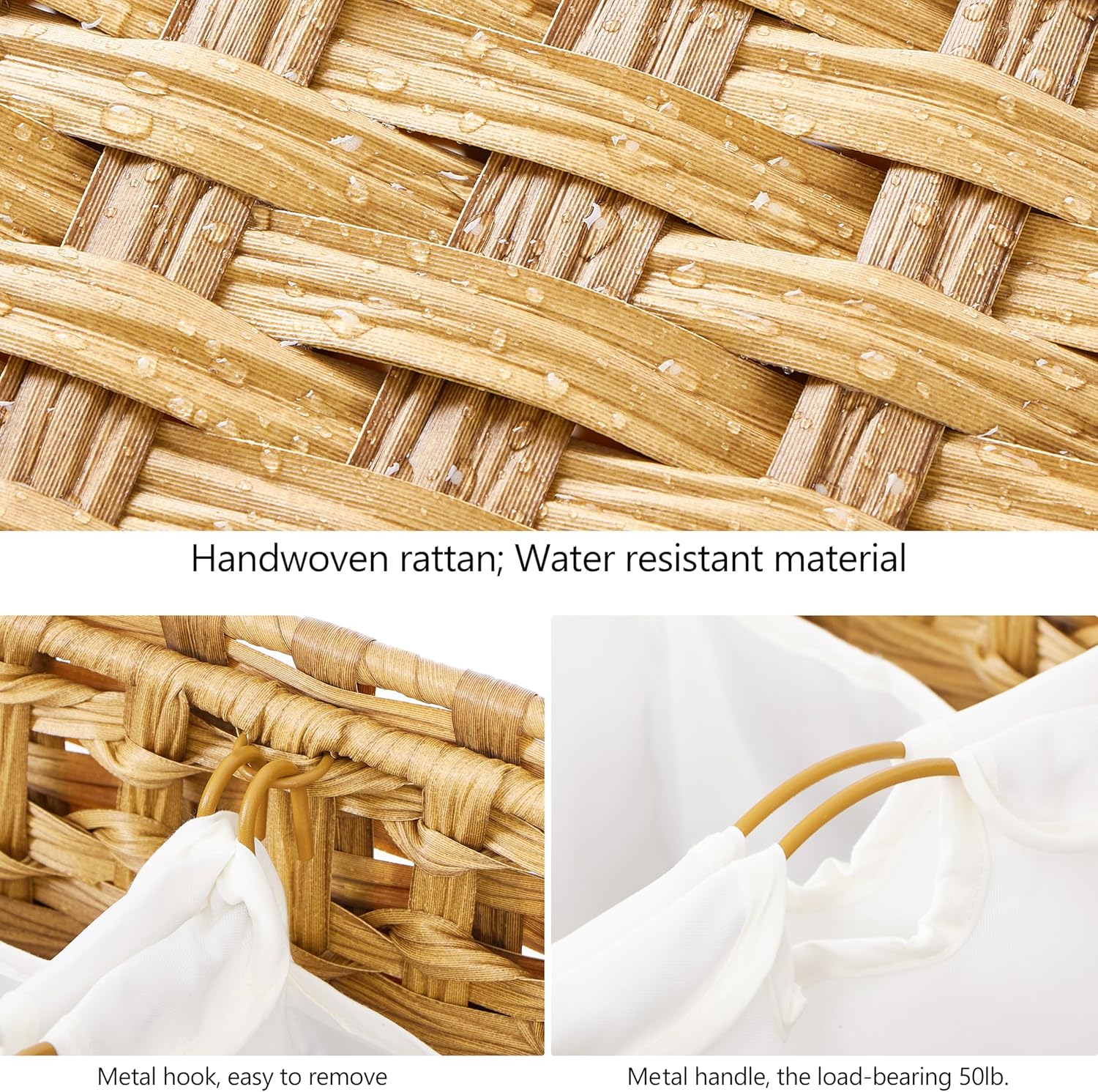 Wäschekorb mit 4 herausnehmbaren Beuteln; handgewebter Rattan-Deckel und erhöhten Füßen; Wäschekorb mit Seitengriffen (Natur)