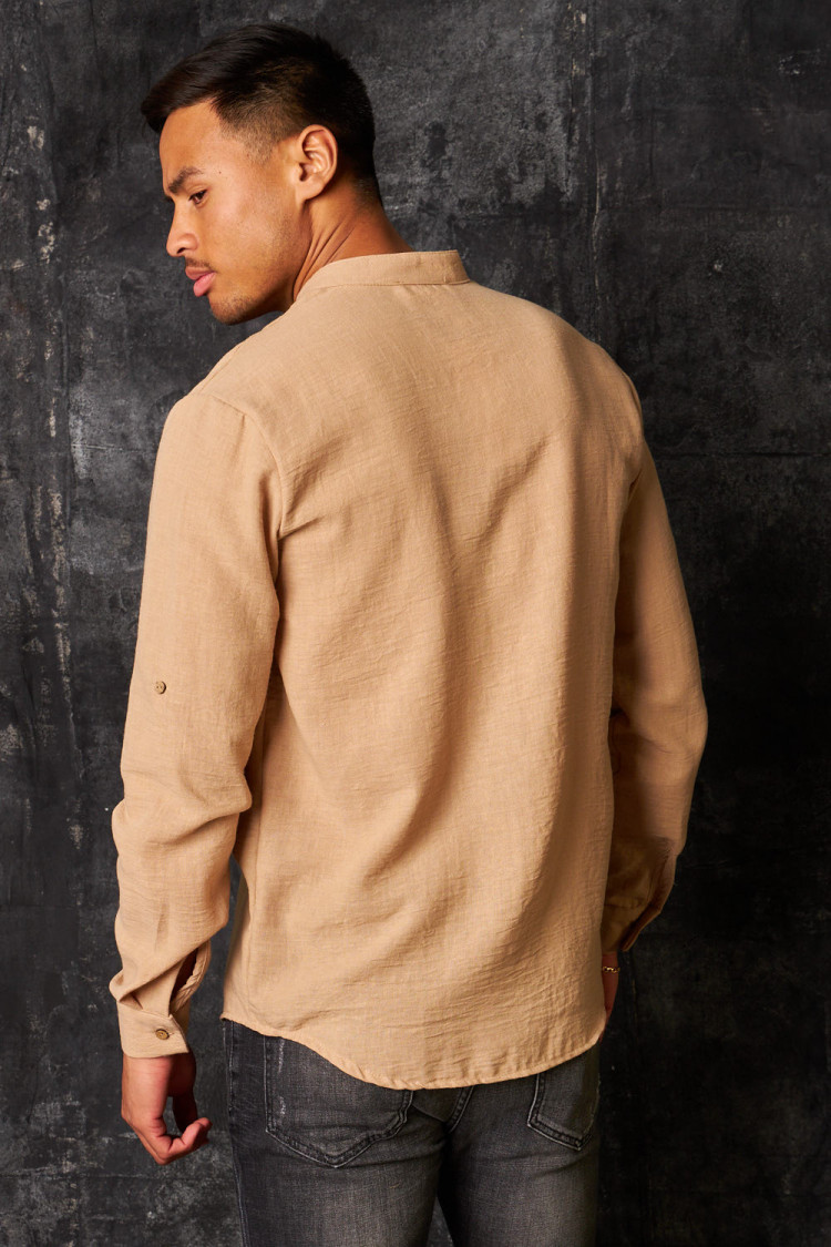 Chemise fluide col V mao texture lin beige foncé