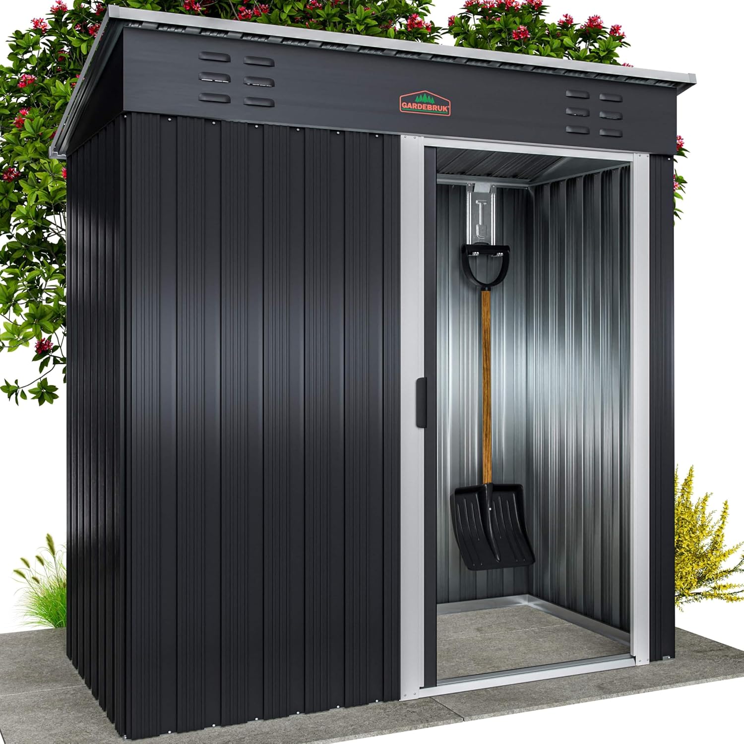 GARDEBRUK® Geräteschuppen 185x165x90cm 1,5m² Schiebetür 20kg Halter Handschuhe Belüftung rostfreies Metall Pultdach Anthrazit Gerätehaus Gartenhaus