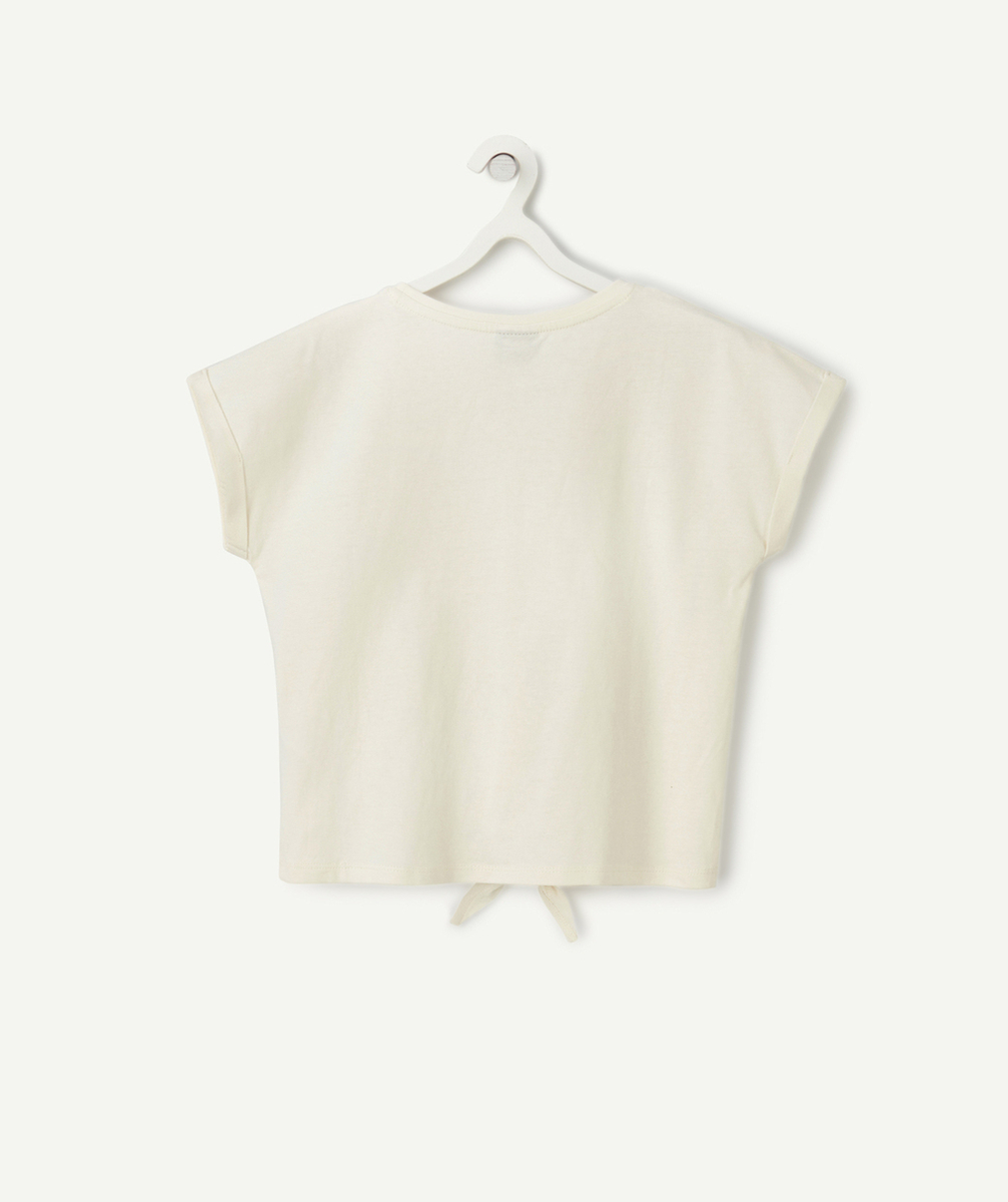 t-shirt manches courtes fille en coton bio écru avec noeud
