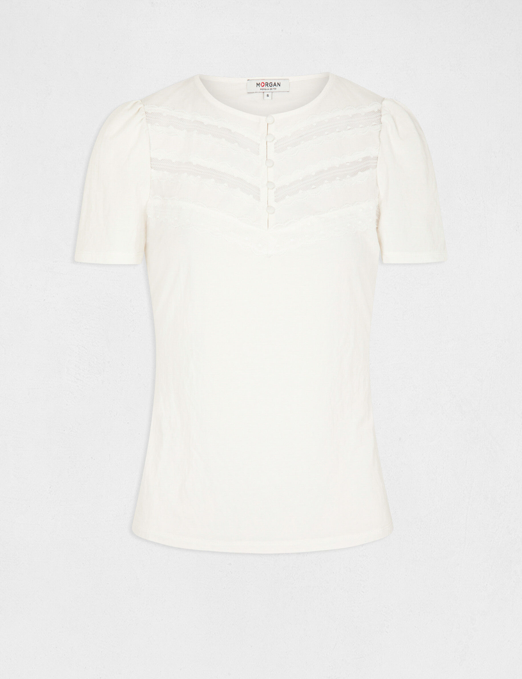 T-shirt manches courtes avec dentelle ecru femme - ecru