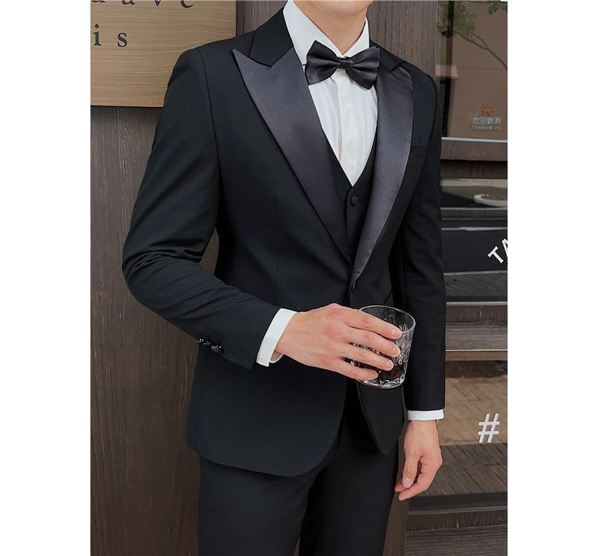 Besto - Set: Blazer met één knoop en reverskraag + V-hals effen enkelrijs vest + Rechte pantalon met middelhoge taille