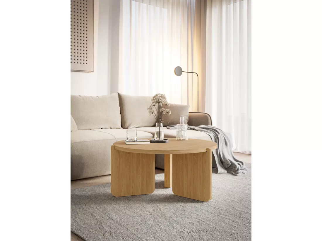 Table basse ronde - 80 cm - couleur chêne naturel - PREFFINES