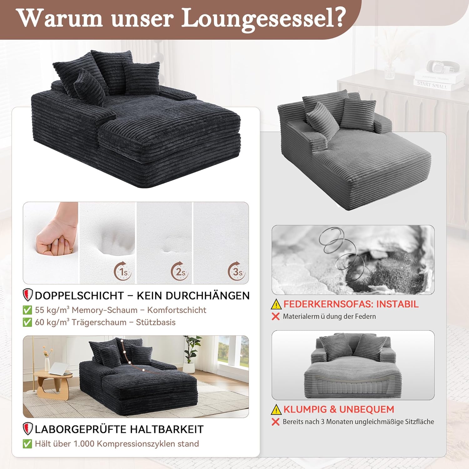 Cord Samt Lounge Sofa, 137x175 cm, Daybed & Lounger für Wohnzimmer, 2-Sitzer Couch, Extra Bequemes Sofa zum Liegen, Zum Ausstrecken und Entspannen, Grau