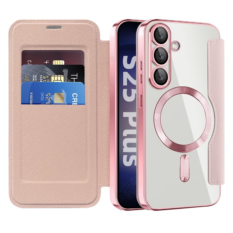 Samsung Galaxy S25 Hybrid Leder Tasche   Kunststoff Rückseite MagSafe-Modul mit Steppmuster (RFID Schutz) - Rosa / Transparent