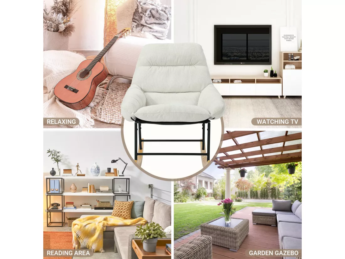 Fauteuil à bascule avec Coussin et pieds en bois massif, en tissu chenille Blanc cassé, Dossier inclinable, Profondeur d'assise 52cm