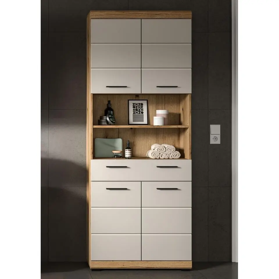Hioshop Scout kolomkast 4 deuren- 1 lade- 2 planken kasjmier decor mat- eiken