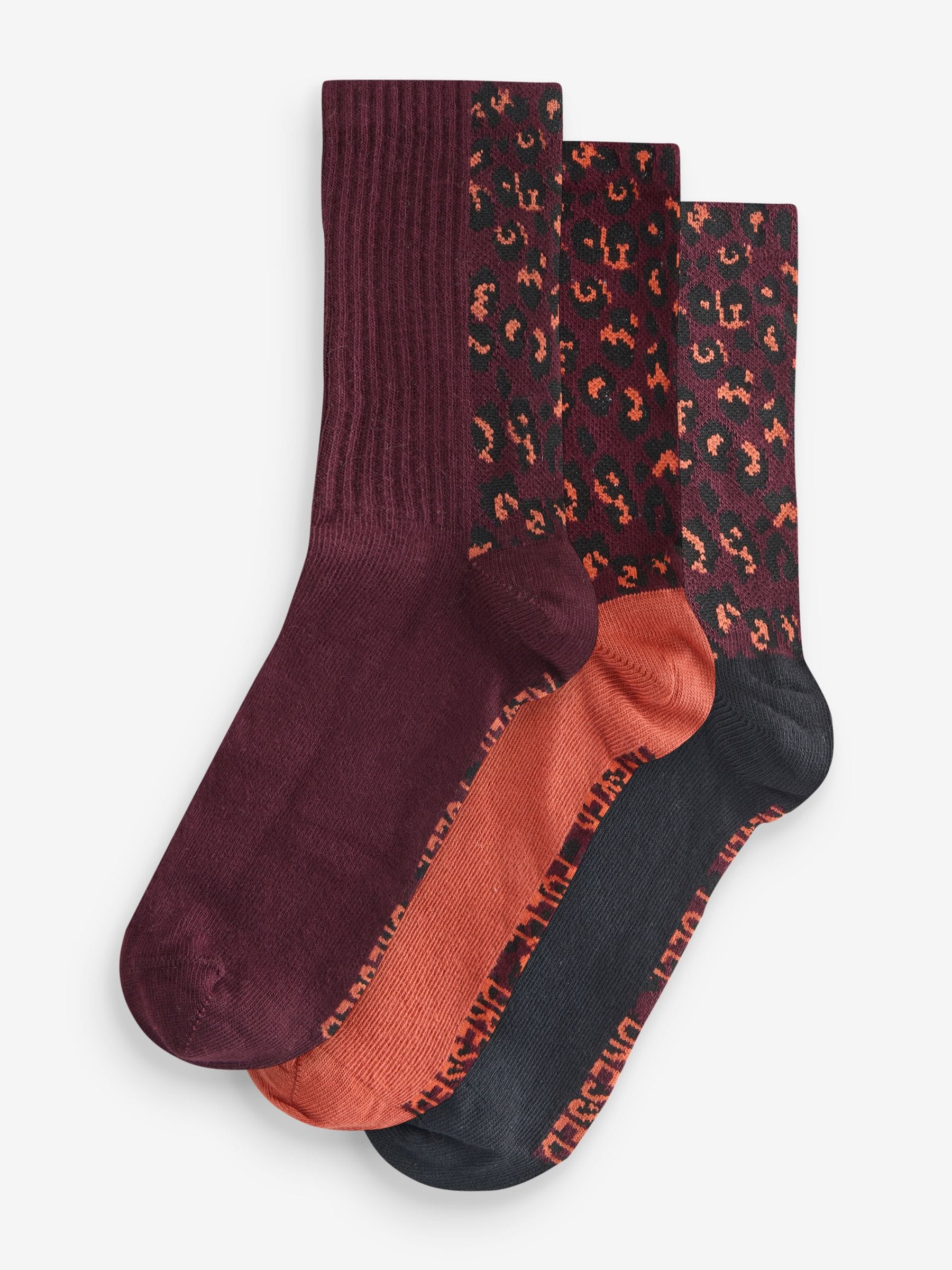 Leopard/Burgandy/Orange - Never Fully Dressed Ribbed Socks 3 Pack