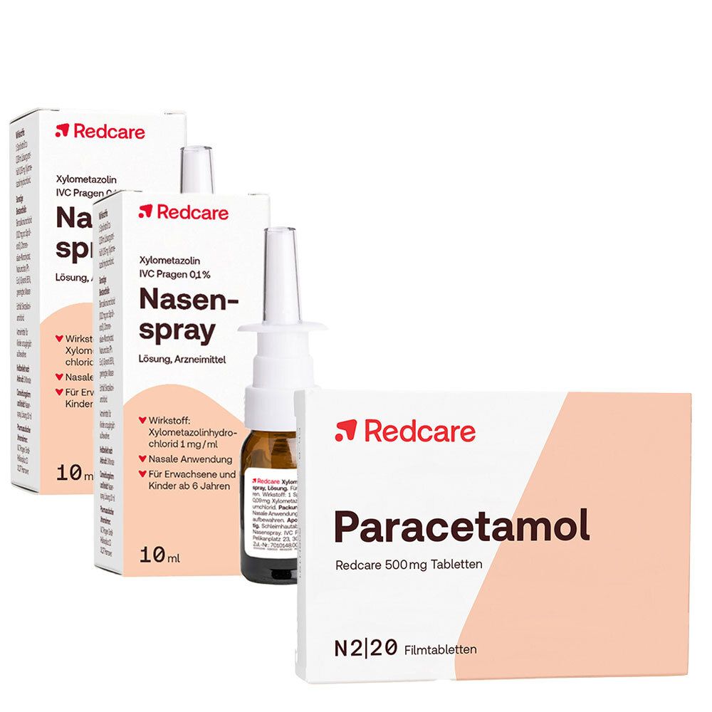 Paracetamol Redcare 500 mg gegen Schmerzen + Redcare Xylo 0,1 % Nasenspray
