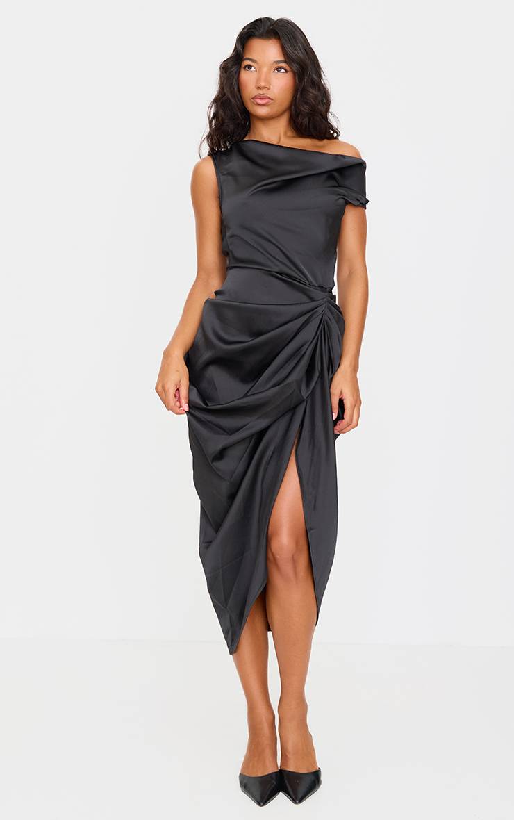 Noir Robe Midi En Satin À Épaules Dénudées Avec Jupe Drapée