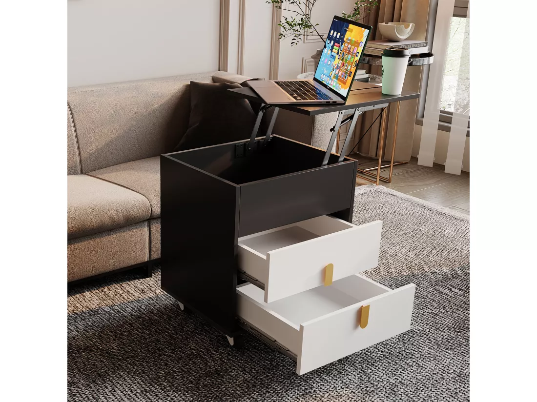 Table de chevet avec 2 tiroirs et plateau relevable - 74 x 40.2 x 71 cm - prise USB et roulettes inclus - Bois MDF - Noir et blanc