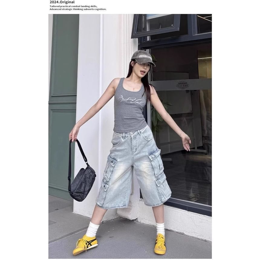 Striinkie - Hoge taille gewassen wijde cargo denim jorts