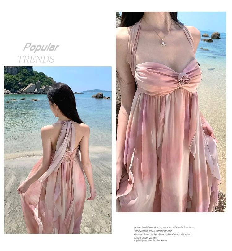 BOHEME - Spaghettibandjes Halter Hals Tie-Dye Maxi A-lijn Jurk