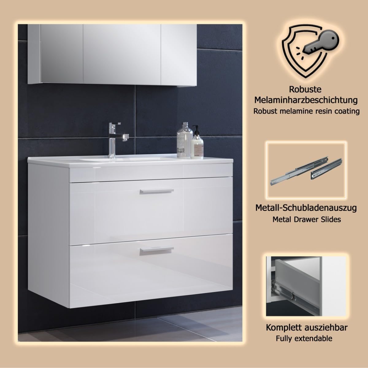 trendteam smart living - Devon - Badezimmerschrank - Weiß Hochglanz - Hängender Waschbeckenunterschrank mit 2 Schubladen inkl. Waschbecken - (BxHxT) 81 x 59 x 47 cm - mit silberfarbenen Griffen