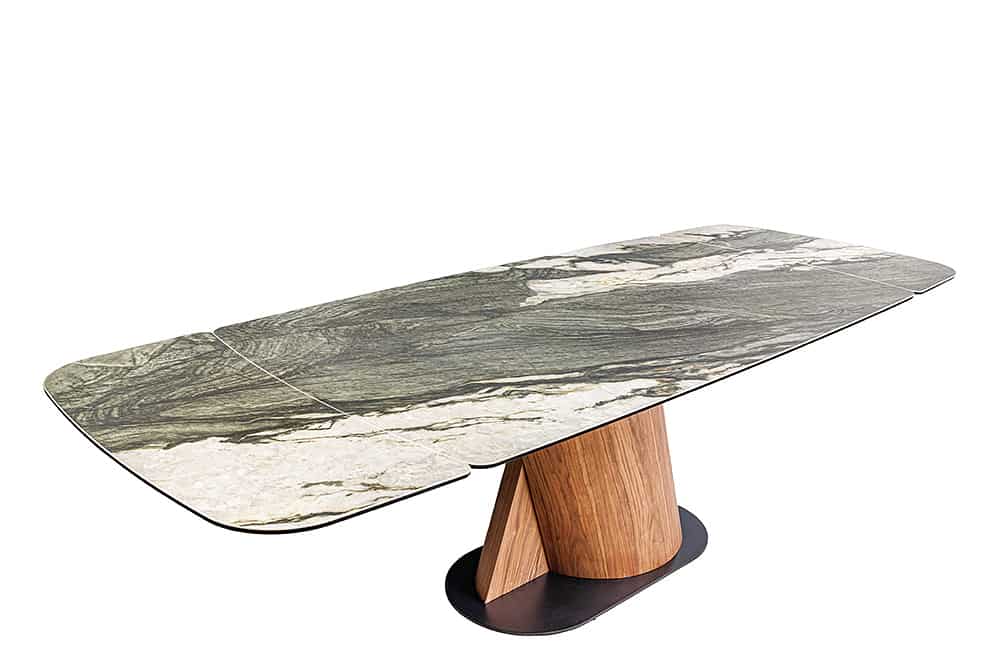 Ausziehbarer Esstisch ELEMENTS 180-260cm taupe grau spanische Keramik Walnuss Gestell