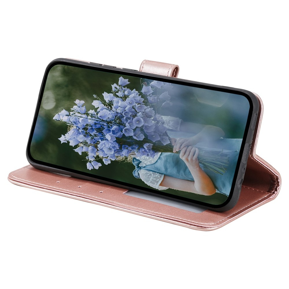 iPhone 15 Leder Tasche Wallet - Mandala Flowers Imprint - Roségold