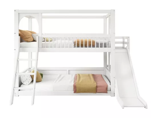 Lits pour enfants superposés 2 x 90 x 200 cm - lit cabane avec toboggan - Pin - charge max 150kg - Blanc