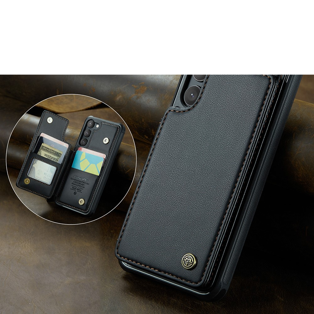Samsung Galaxy S23 5G Leder Hülle mit Kartenfächern im Litchi Look   Kickstand (RFID Schutz) - Schwarz