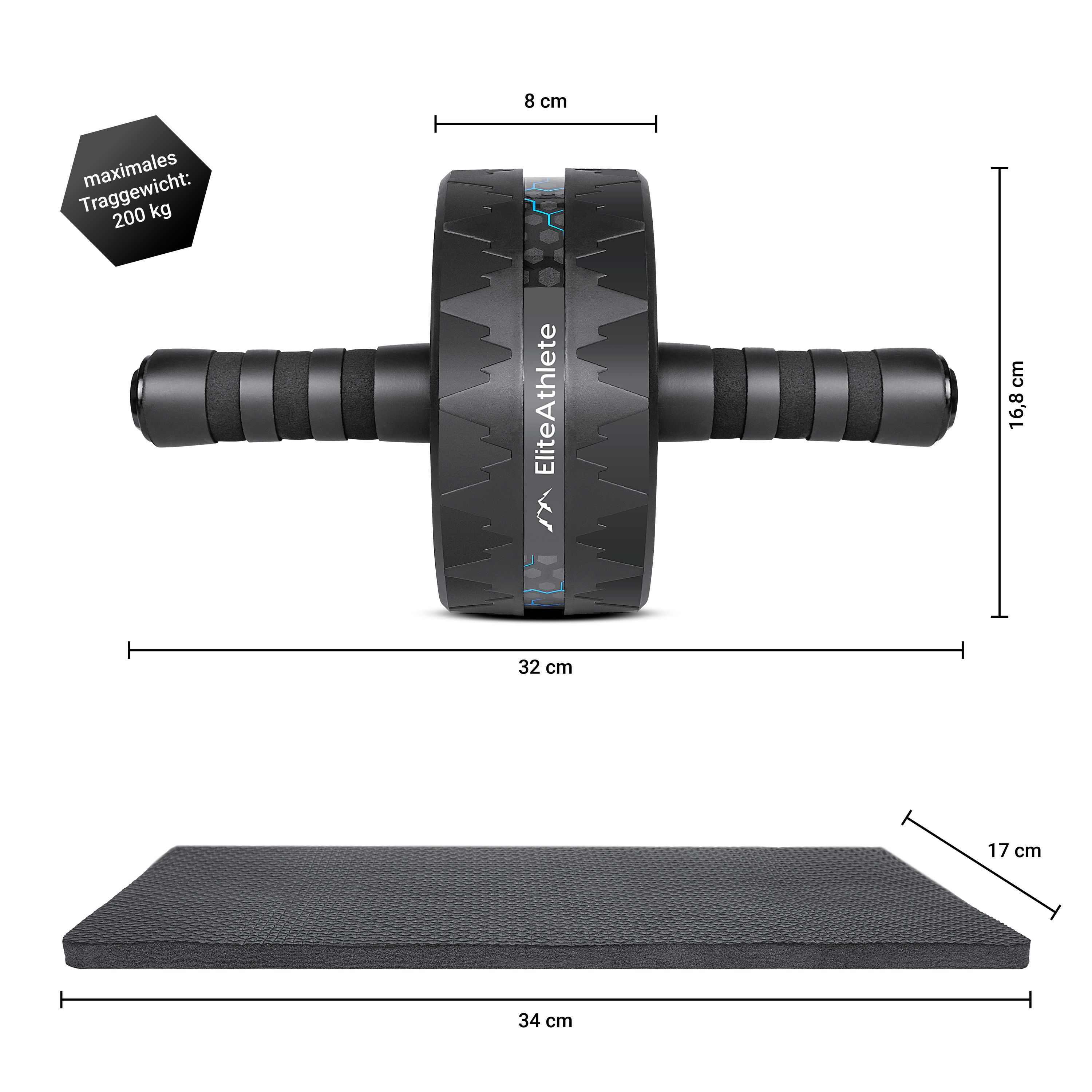EliteAthlete® Bauchroller Bauchmuskeltrainer - AB Roller - Bauchtrainer für Zuhause - Bauch Weg - Abdominal Trainer - AB Wheel inkl. gepolsterter Kniematte - Blau