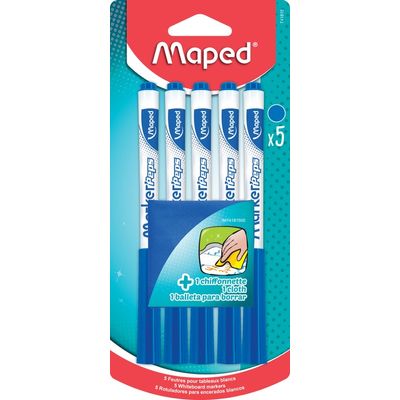 Maped Marker'Peps - Pack de 5 marqueurs effaçables avec chiffonette - pointe fine - bleu