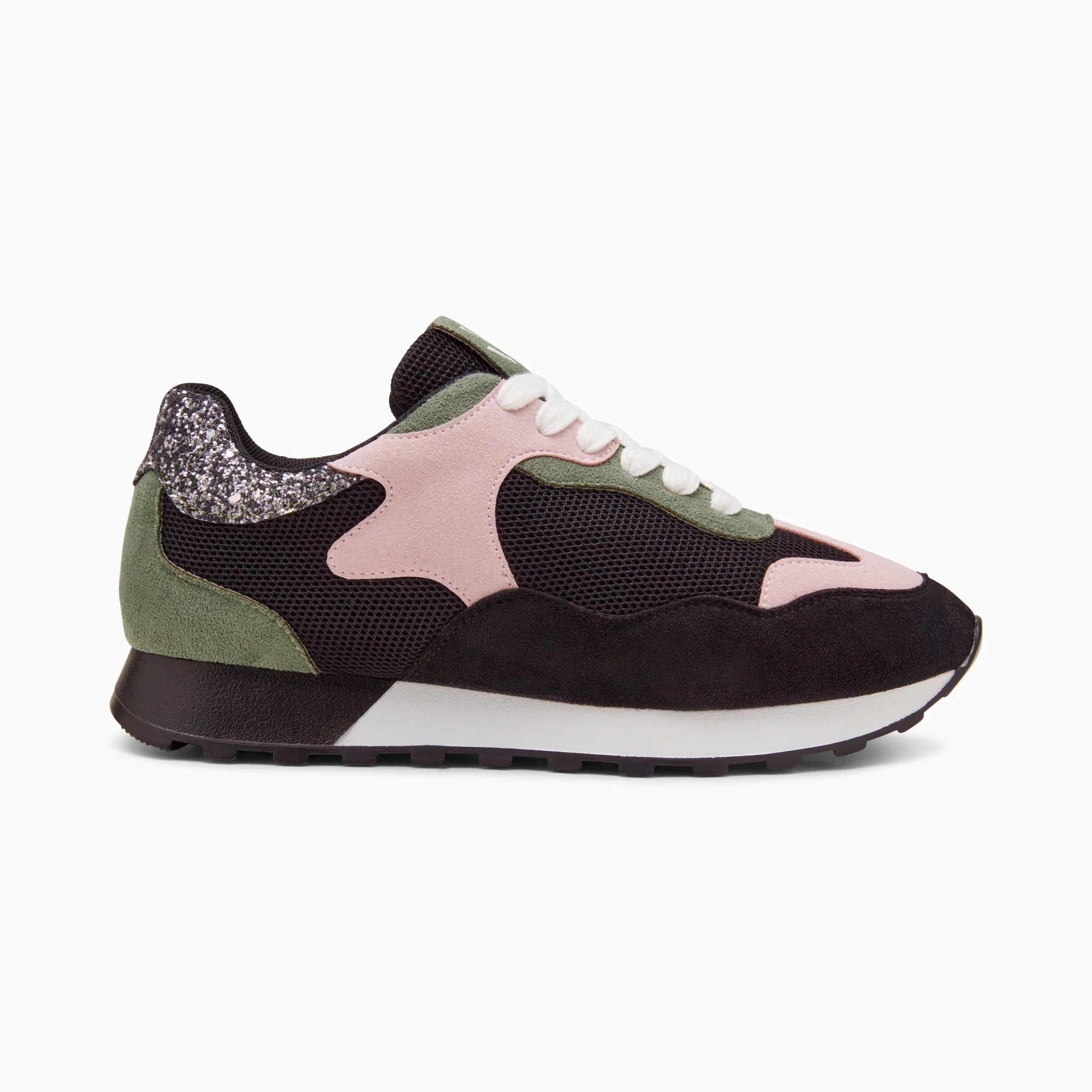 Sneakers-Baskets Kate noir, kaki et rose à semelle running